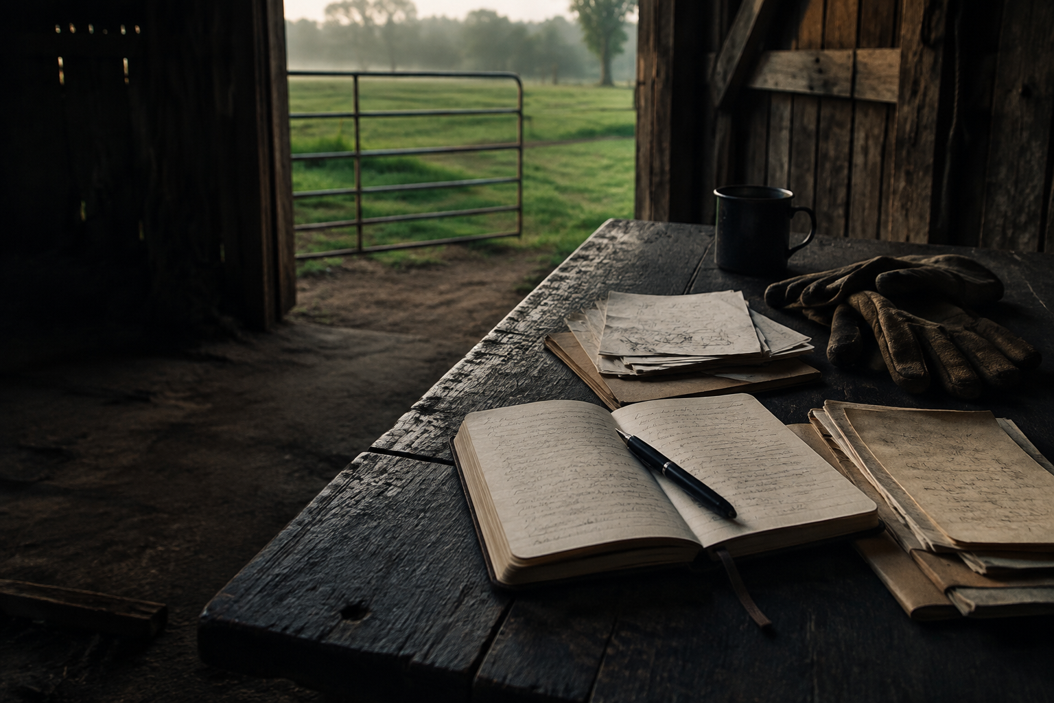 Open field notebook, pen and work gloves on a barn table overlooking pasture