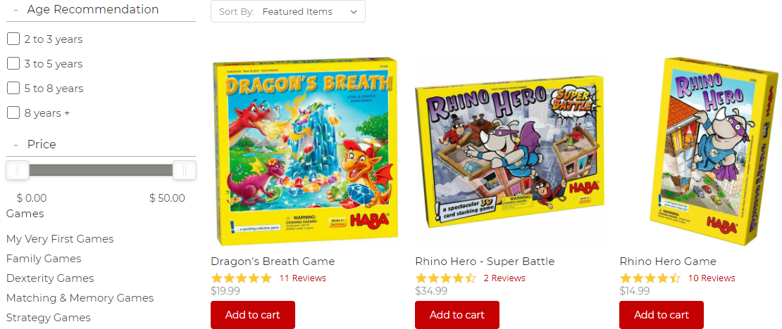 Archived HABA USA ecommerce category page showing children's games